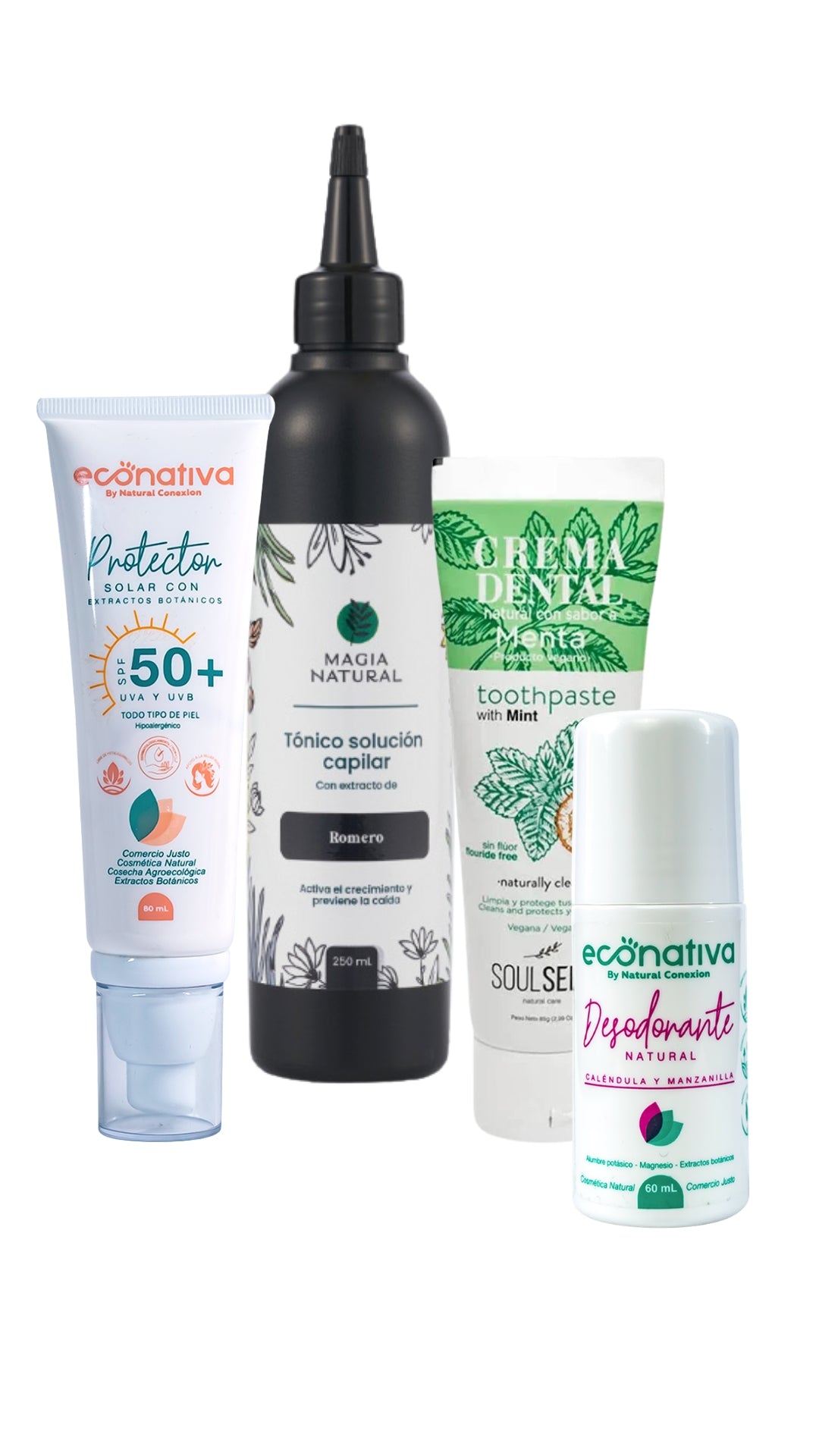 Kit Esenciales Naturales 4 en 1 - Solar, Cabello, Dental y Desodorante